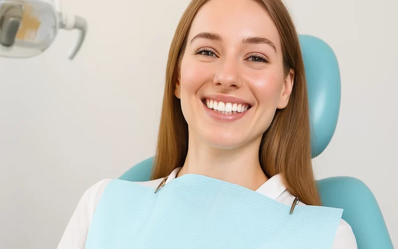 Diş beyazlatma tedavisi sırasında gülümseyen genç kadın hasta – Sakarya diş kliniği
